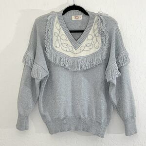Vtg 80s Hand Knit Fringe Sweater Gray Embroidered Embellished Western Rodeo Boho